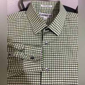 Express Extra Slim Fit Green Gray Plaid Men’s Dress Shirt Button Up Down 15-15.5